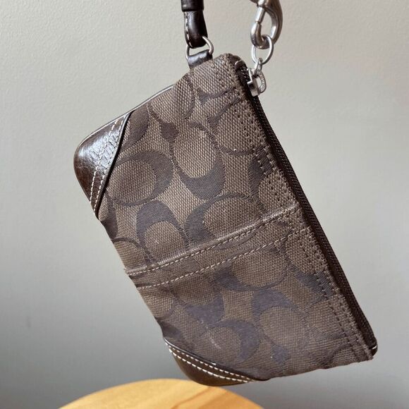 COACH Brown Signature Top Handle Leather Canvas Small Wristlet Purse Bag Pre-Own - Picture 5 of 10